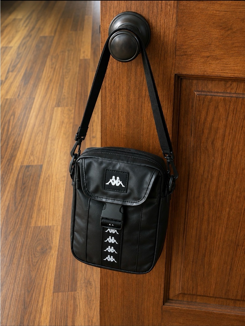 Kappa Black Leather-Look Crossbody XS Messenger Bag with White Logo unisex